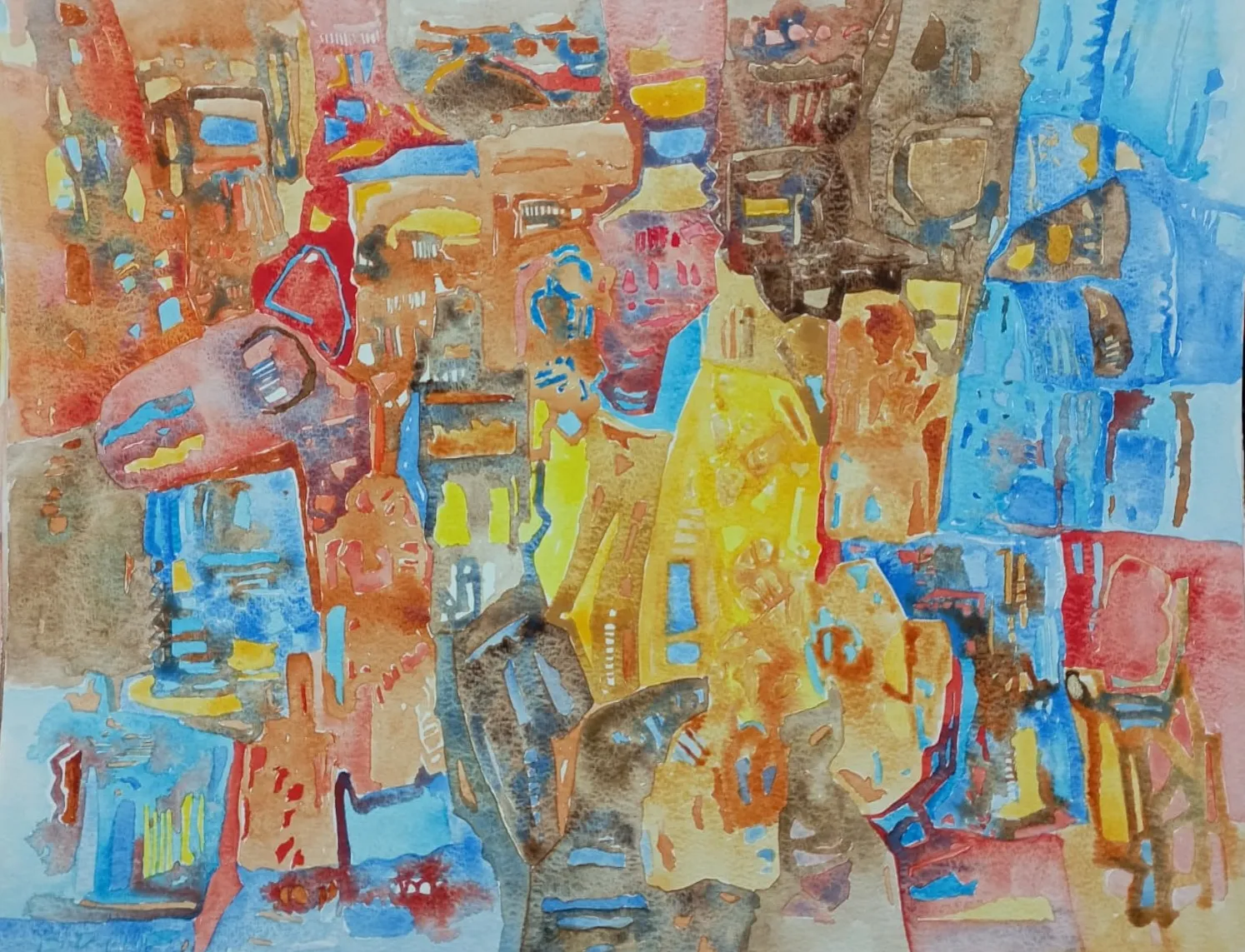 Untitled Syntactic Semantics watercolour with clustered coral, ochre, blue, yellow, and grey forms